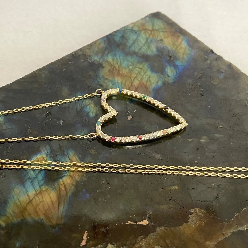 Gold Vermeil Sterling Silver 925 Open Heart Rainbow Pave Pendant Necklace 16-18" - Picture 13 of 16